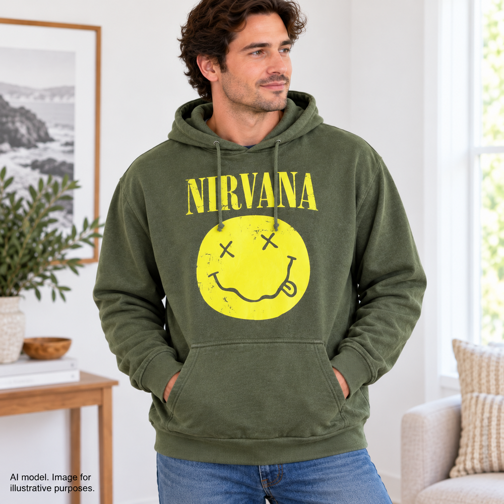 Nirvana Hoodie Mens Large Green Smiley Face Sweatshirt Pullover Forever 21 TAGS